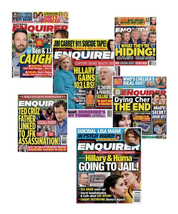 A collage of National Enquirer covers from 2015 and 2016.