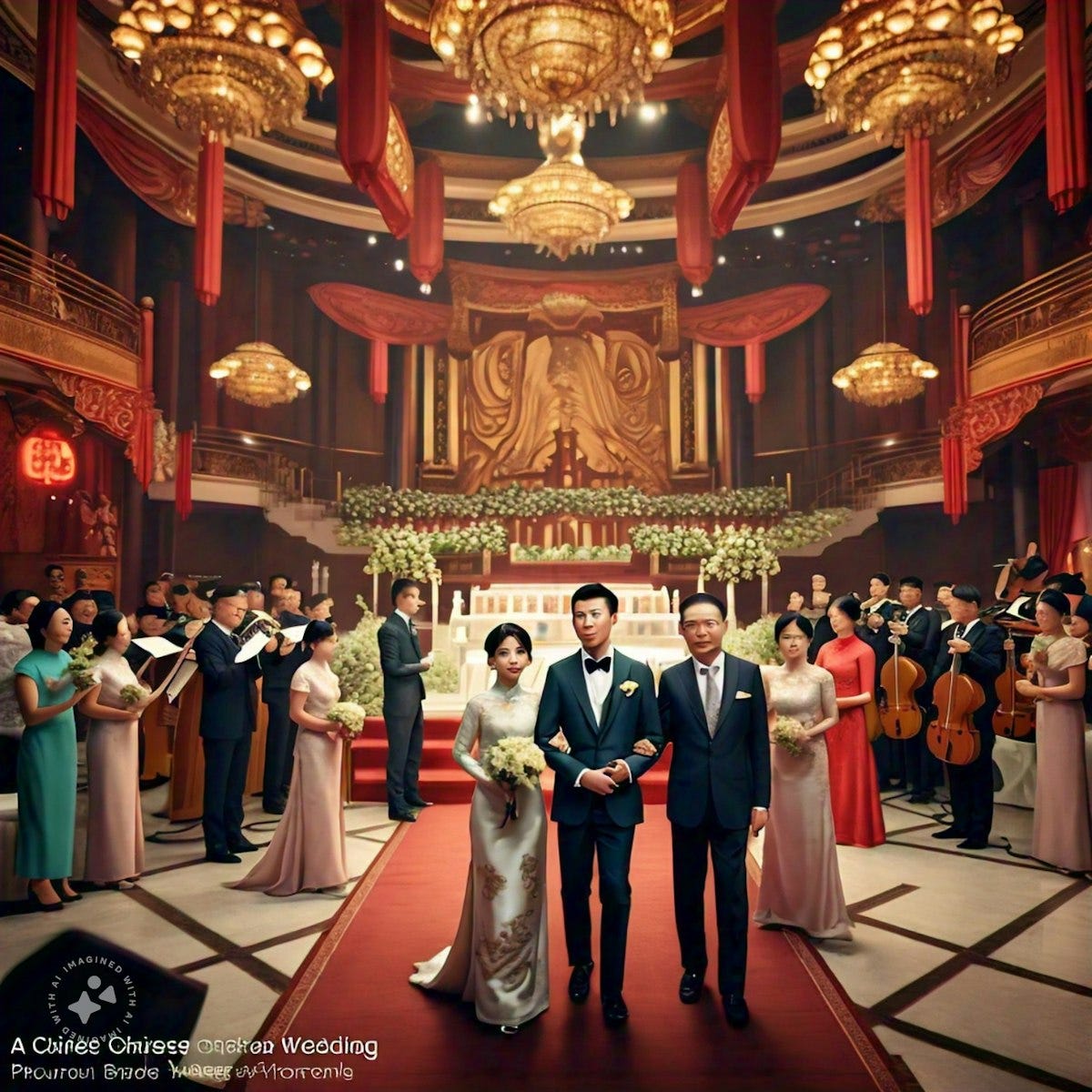 "A Chinese Christian Wedding. Luxurious settings. Beautiful picture, bride, groom, and parents and family on both sides, both young and old. Photorealistic. Choir with an orchestra of instruments. Panoramic Picture."