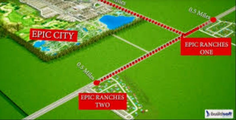 The 200-acre EPIC Ranches (1 & 2) are planned as companion developments, a half mile from the main EPIC City community. The 200-acre EPIC Ranches (1 & 2) are planned as companion developments, a half mile from the main EPIC City community.