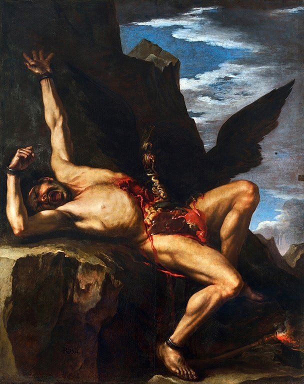 Prometheus chained to the rock. Salvator Rosa, Public domain, via Wikimedia Commons