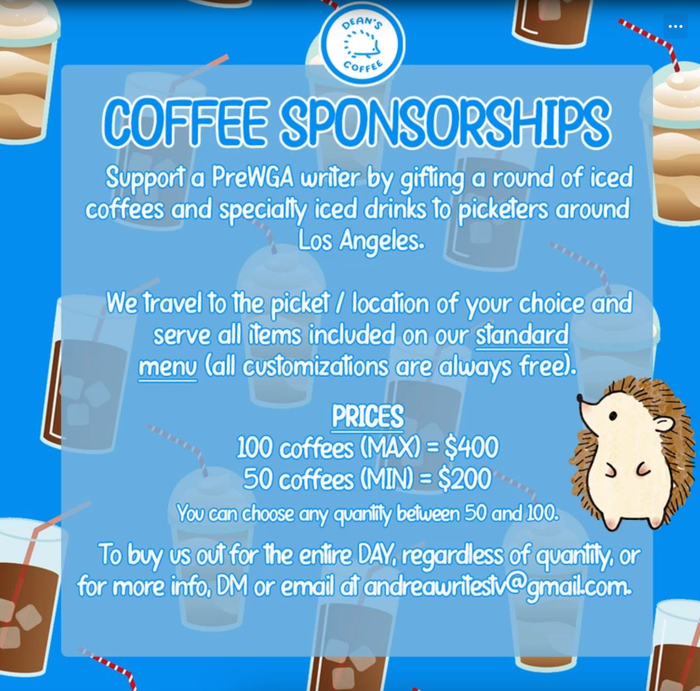 A flyer detailing opportunities to sponsor a coffee pop-up for WGA picket lines.