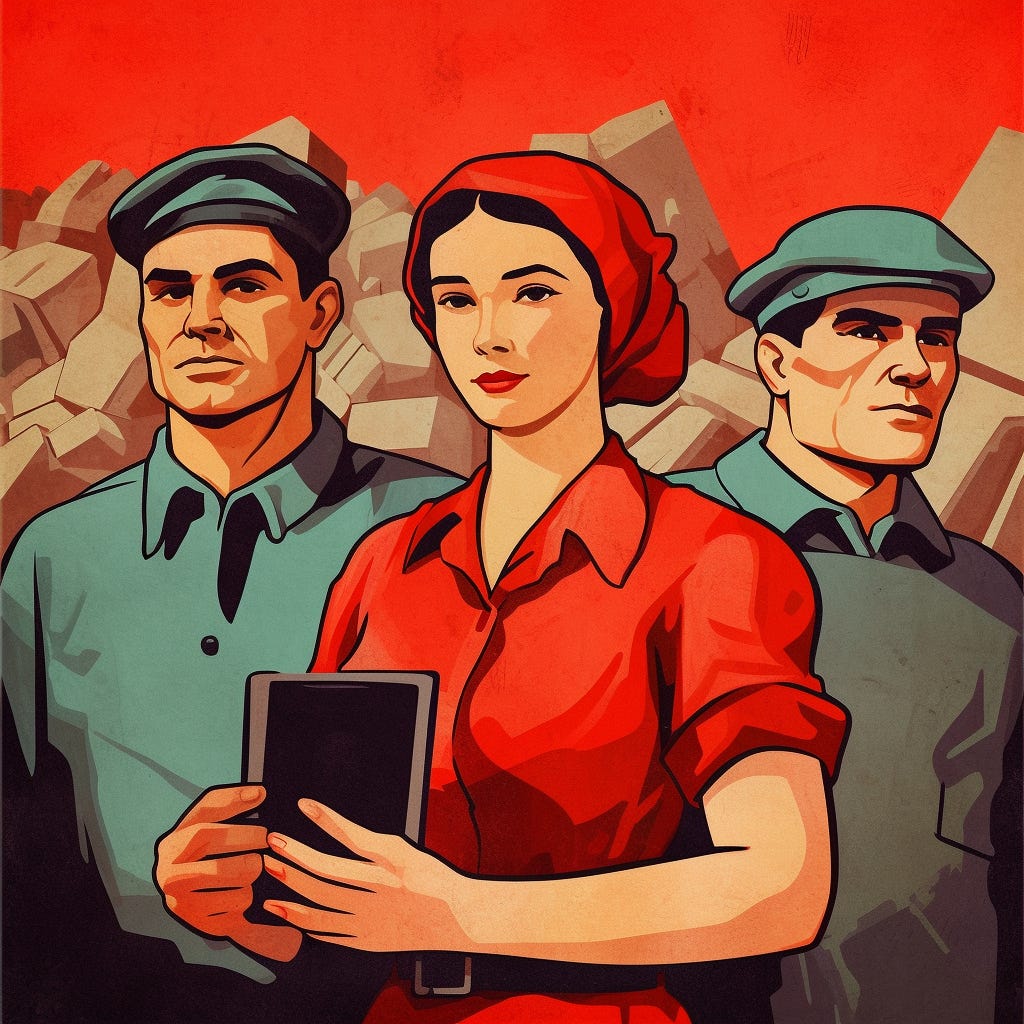 at a middle distance we see three proud workers drawn in the style of Dmitry Moor, 1920 Soviet propaganda Art style, symbolic and meaningful style, three workers of different ethnicities stand proudly next to each other at a slight distance, one of them is looking at their mobile phone, behind them a group of workers shovel stones, Poster, Lithography, hand drawn, red and white on pale blue background, patriotism, heroism