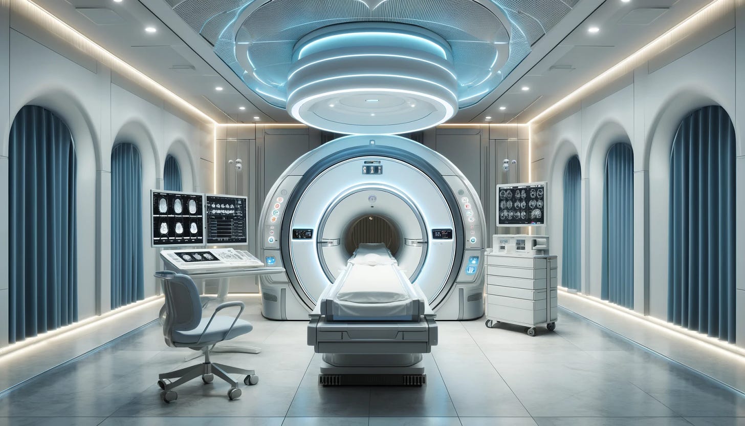 3. A 16:9 image showing a modern MRI room: A state-of-the-art MRI room with advanced technology, including a modern MRI machine, control panels, and a clean, well-lit environment.