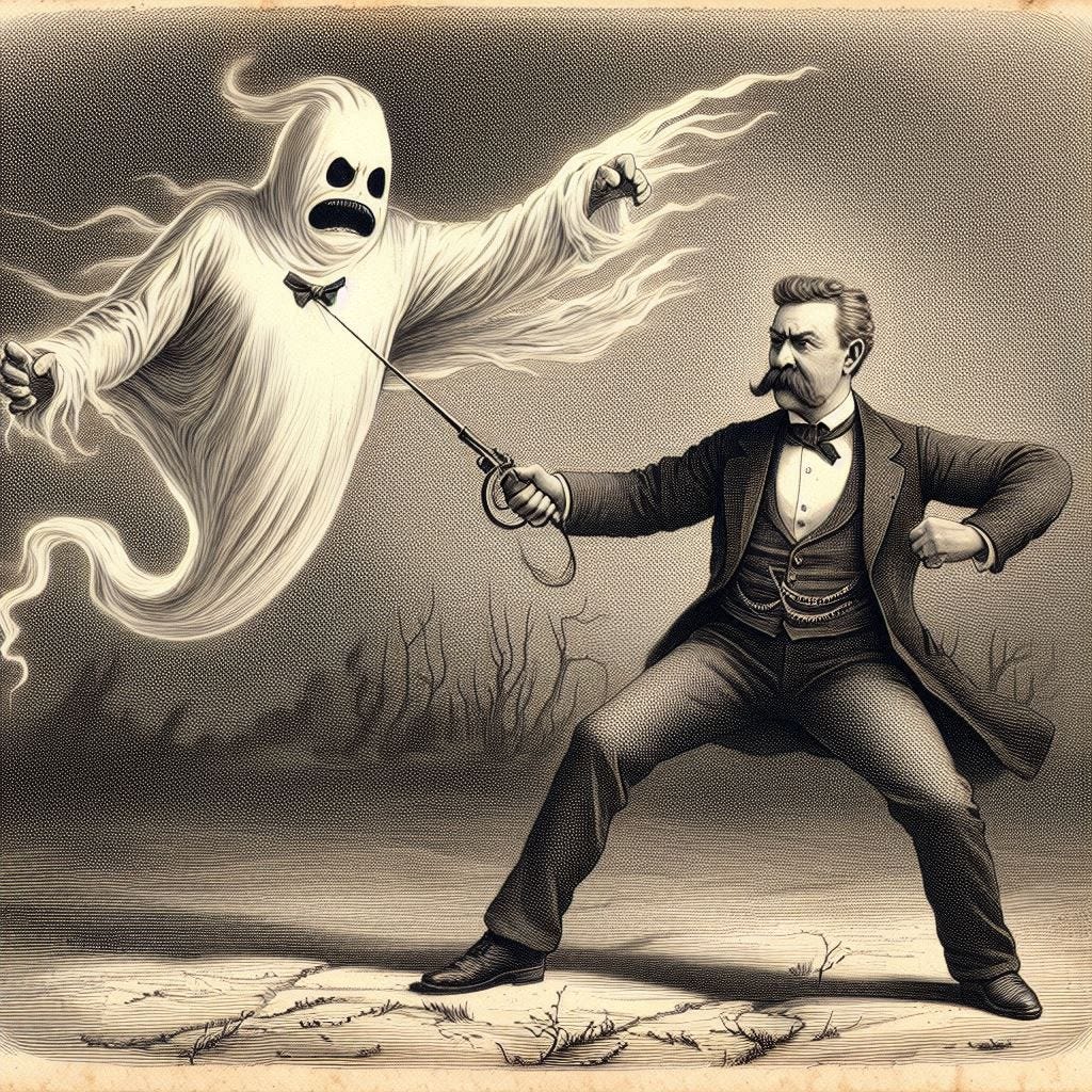 mustached president fighting a ghost, historical drawing