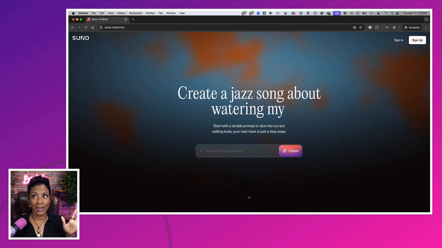 Suno homepage showcasing AI music generation