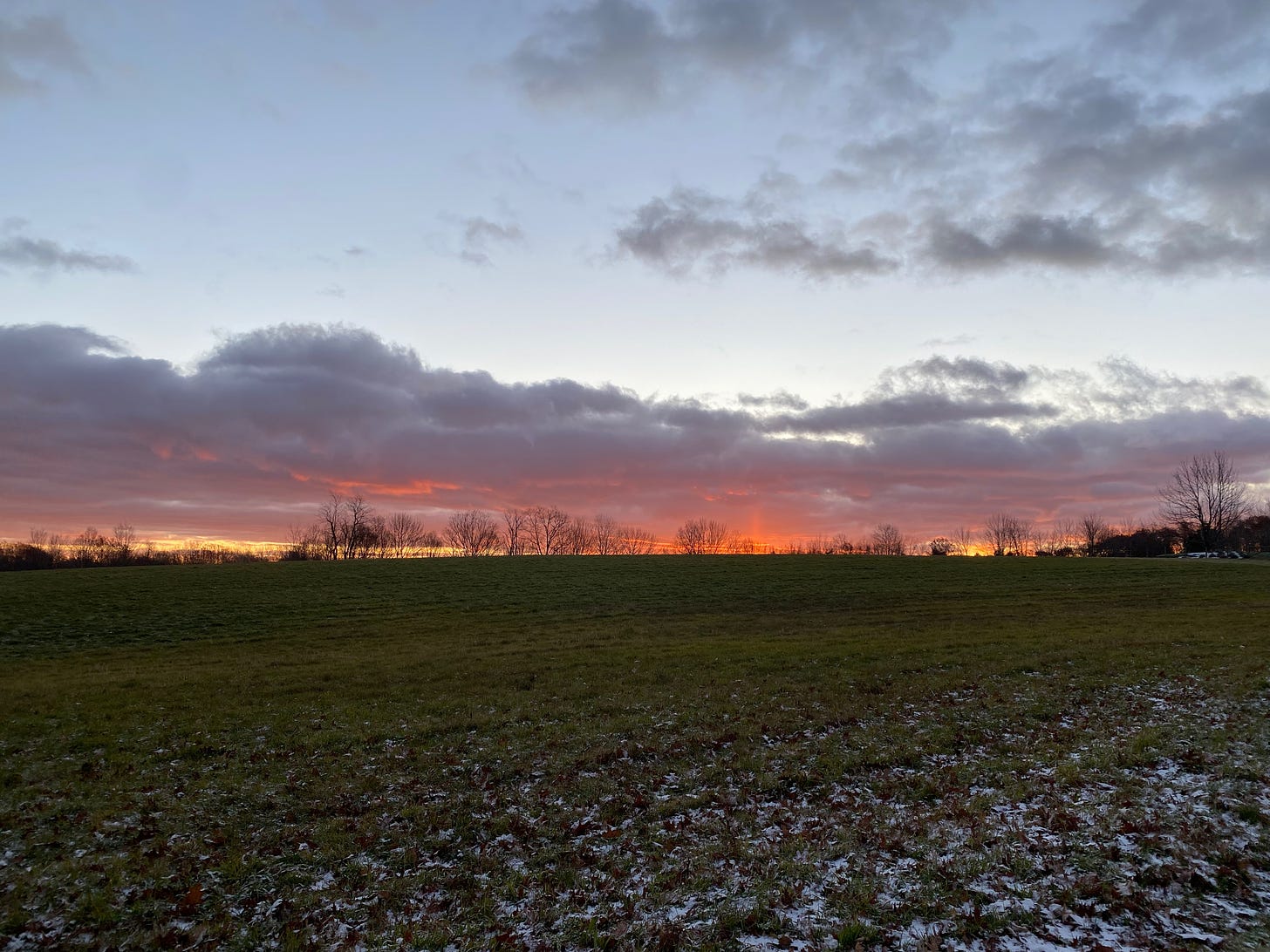 Sunrise over a green field, lightly dusted with snow. The sky is cloudy, the sun not yet risen, the horizon blazing pink, orange, and golden.