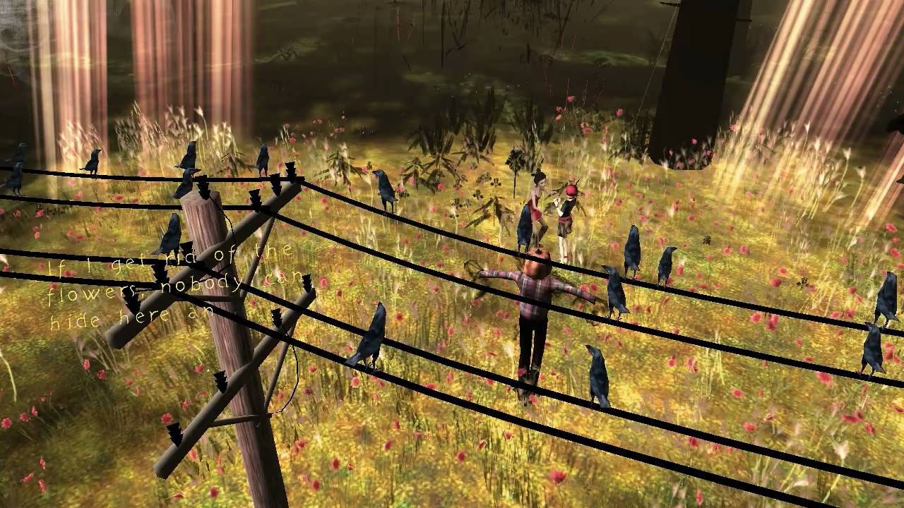 A screenshot of Ginger's "field of flowers" and the Girl in Red. There's a scarecrow in the center and telephone wires with birds on it. There's written text that reads: "if i get rid of the flowers, nobody can hide here anymore."