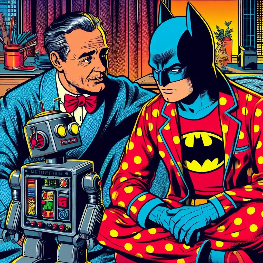 batman with pijamas talking to a robot about life in american comics style 