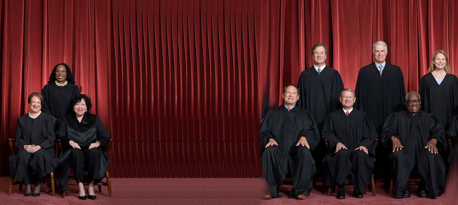 Image of the Supreme Court with the conservative majority on the right, the liberal minority on the left, and a large gap of empty red curtains between the two.