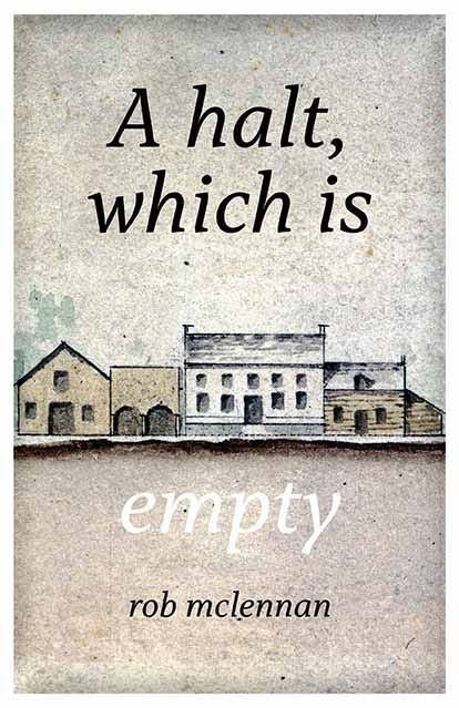 Image of book cover reading "A halt, which is empty" over a grey-toned painting of plain buildings facing onto an empty street