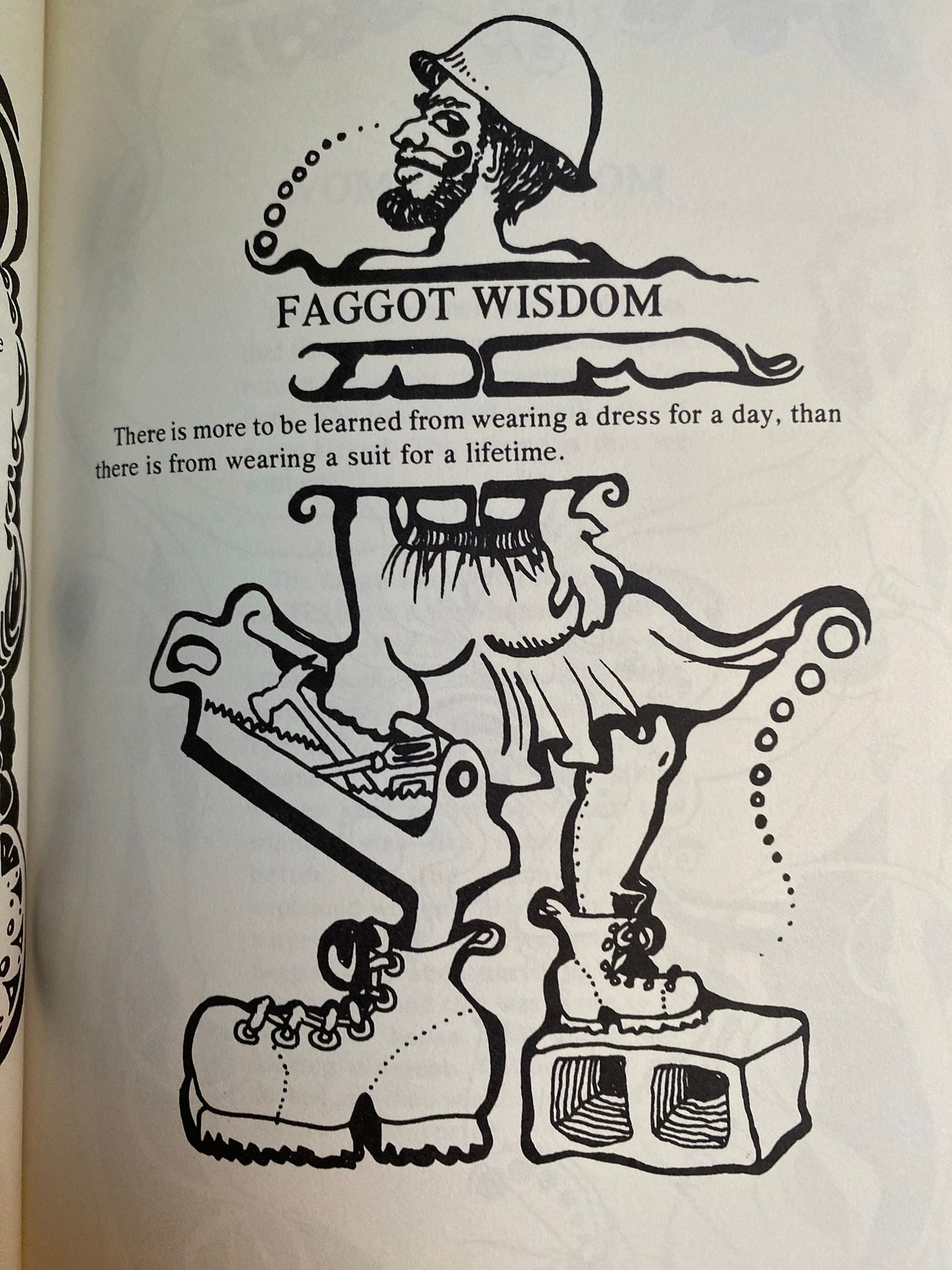Ilustração de um homem de vestido segurando materiais de construção com a seguinte frase: Sabedoria Bicha. Há mais coisas a serem aprendidas ao usar um vestido por um dia do que ao usar um terno por uma vida inteira. Ilustração de um homem de vestido segurando materiais de construção com a seguinte frase: Sabedoria Bicha. Há mais coisas a serem aprendidas ao usar um vestido por um dia do que ao usar um terno por uma vida inteira.