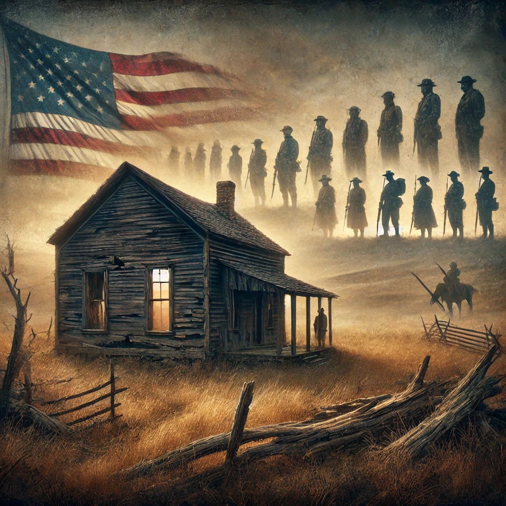 An evocative scene symbolizing the deep-rooted history and sacrifice of a family's legacy in America. In the foreground, an old, weathered homestead stands with cracked walls and faded wood, surrounded by the untamed frontier, representing the struggles of early pioneers. Ghostly figures of soldiers from different American wars—Revolutionary War, Civil War, World War II—stand in the background, connected by the land, fading into the soil. Above them, a tattered American flag waves solemnly in the wind, half-obscured by mist, hinting at the fading sense of connection to the country's past. A darkening sky looms, with a faint, distant horizon symbolizing the tension between past and present. The overall atmosphere is nostalgic, somber, and reflective.