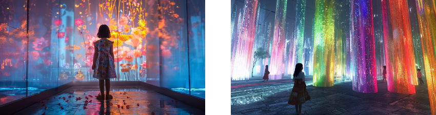 Two mesmerizing scenes evoke the wonder of light and color. On the left, a child stands in front of a glass enclosure filled with illuminated floral and aquatic designs. Warm oranges and pinks contrast against cool blues, creating a vibrant, immersive display. On the right, another child explores a forest-like installation with tall, glowing columns in rainbow hues. Their shimmering surfaces and dynamic light patterns cast colorful reflections on the surrounding ground, creating a magical, dreamlike environment. Together, these scenes invite viewers into a world where imagination and light blend seamlessly.