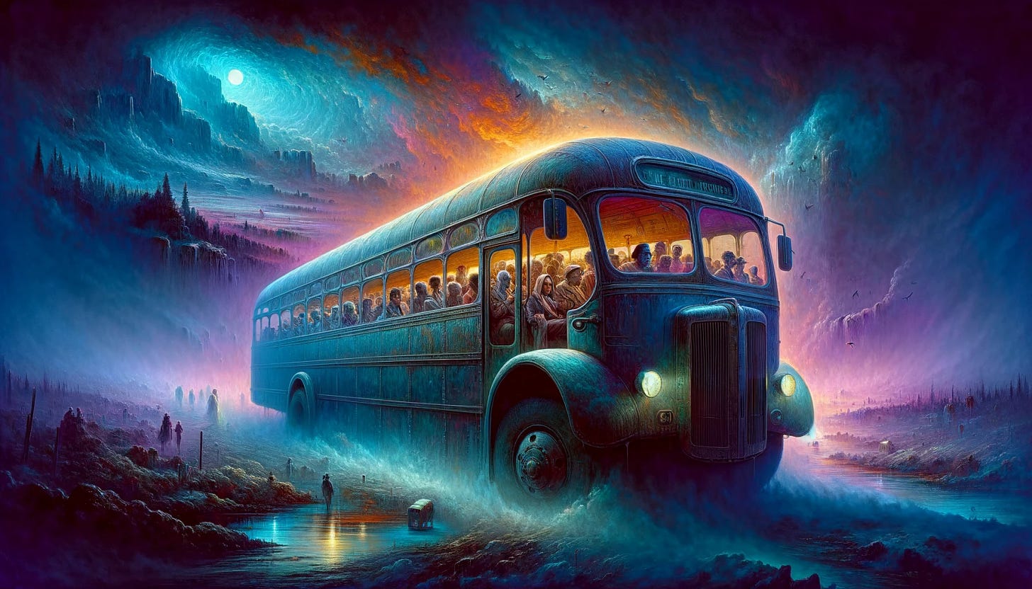 A surreal and vivid rendering of the bus ride from Chapter 2 of C.S. Lewis' The Great Divorce. The bus is large and imposing, with an ethereal, almost ghostly appearance. Inside, a diverse group of ghostly passengers, some looking anxious and others indifferent. The bus travels through a dark, foggy landscape with a sense of unease and otherworldliness. Outside the windows, the scenery is shadowy and indistinct, giving way to occasional glimpses of strange, ethereal light. The overall atmosphere is a mix of mystery and foreboding, with a dreamlike quality that captures the otherworldly journey.