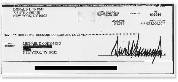 One of six checks provided to The New York Times. The account number on every check has been redacted.
