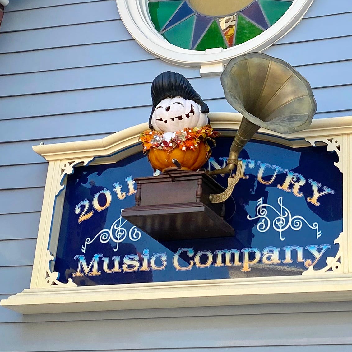 Elvis themed pumpkin on Disneyland Main Street USA at Halloween