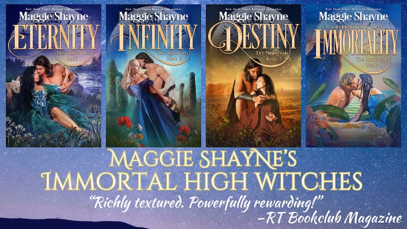 The covers of four books, each with a beautiful women in the embrace of a handsome man