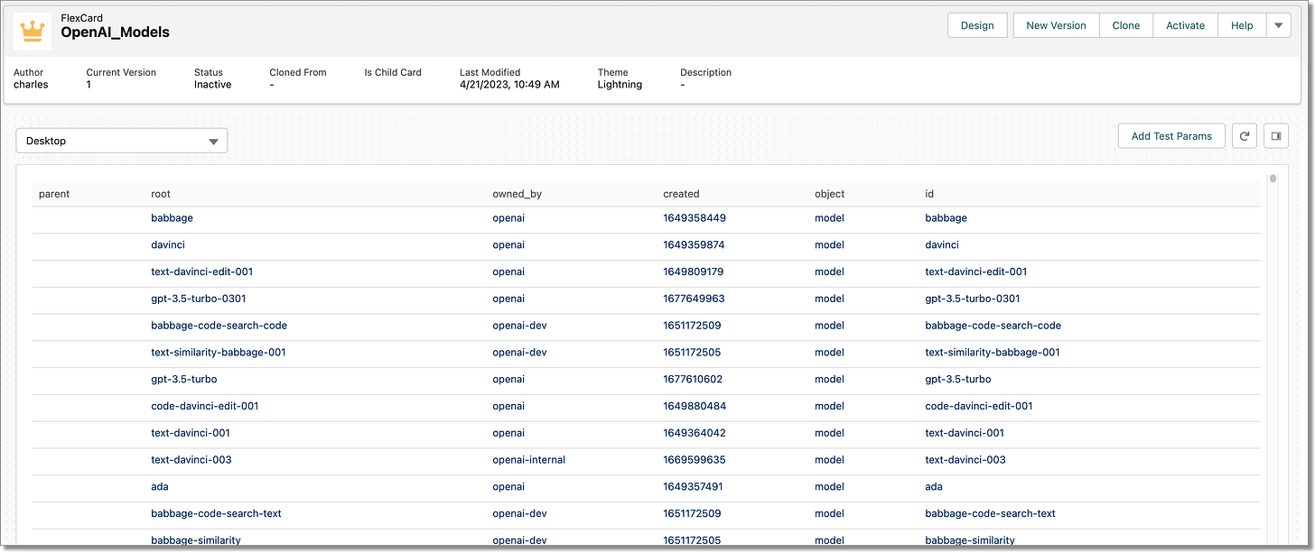 Screen shot of a flex card showing a list of OpenAI models
