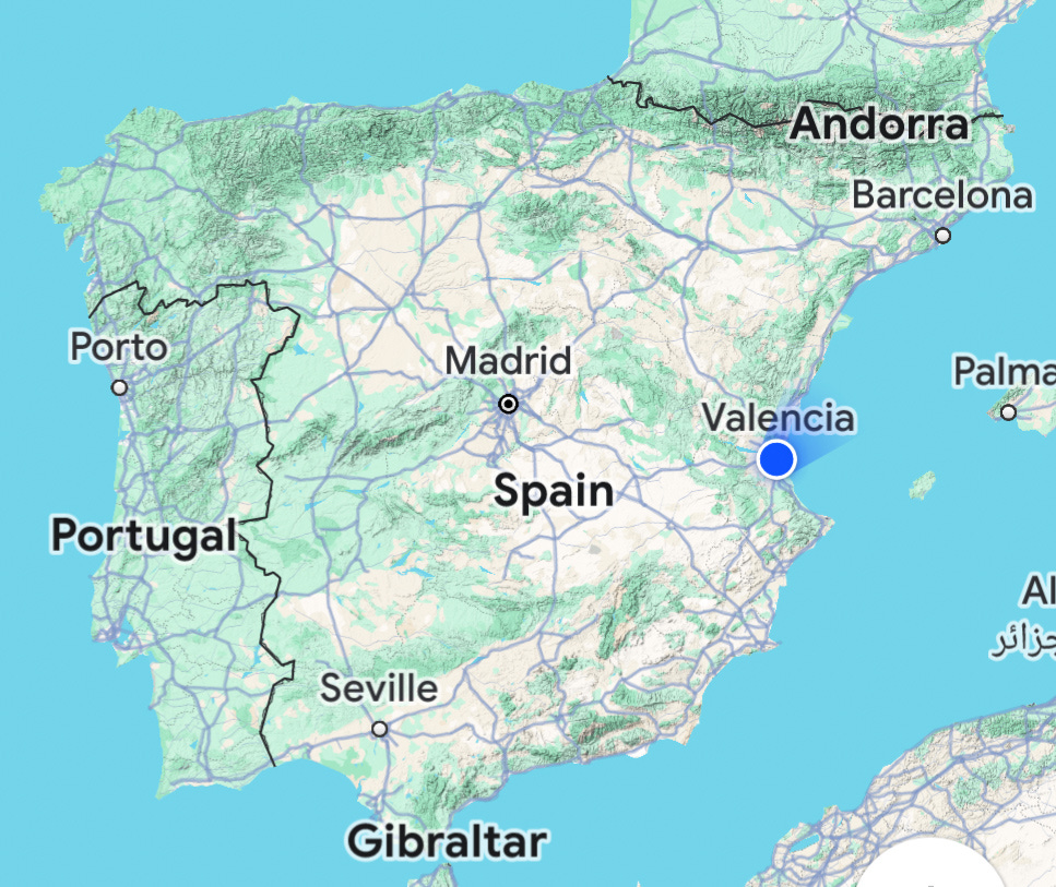A map of Spain showing the location of Valencia. 