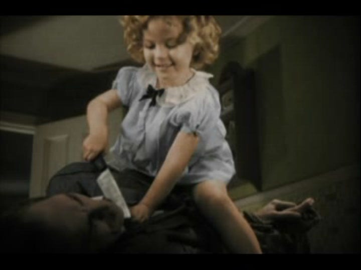 Shirley Temple wields a butcher knife in "Baby, Take a Bow" (1934)