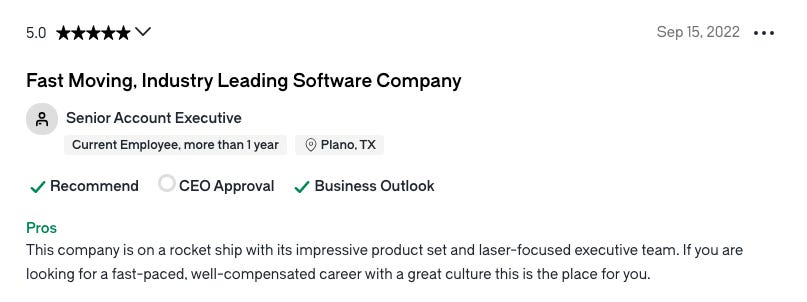 A Glassdoor review for software company Docker. This review is from an Account Executive who loves selling the Docker product.