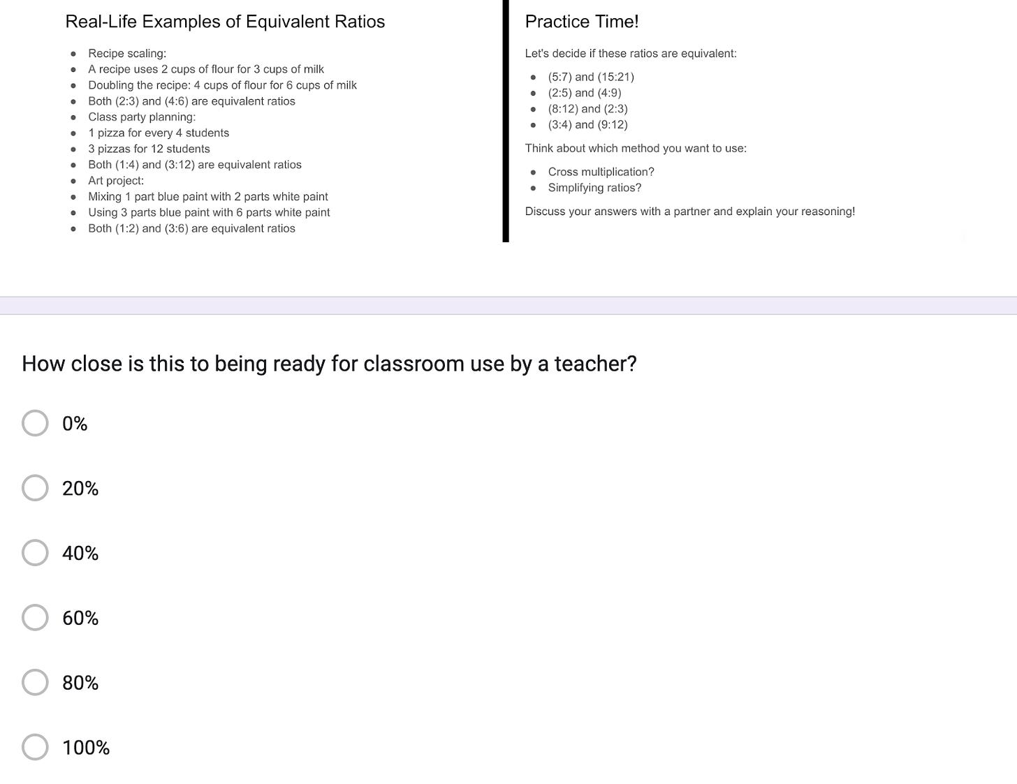 Two AI generated slides. Nothing but bulleted text and a slide title. Then a question below asking "How close is this to being ready for classroom use?" and options for 0, 20, 40, 60, 80, 100%.