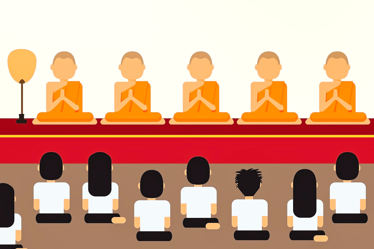 Cartoon-like illustration of five monks in orange robes facing seated students