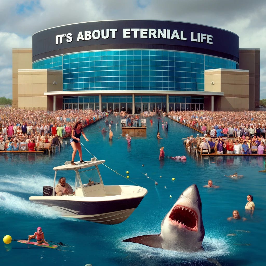 A surreal and dramatic scene at a megachurch parking lot converted into a large water area for baptisms. A prominent sign reads 'It's about eternal life'. A boat, towing a woman on water skis, leaps over a shark in the water. The parking lot, filled with people participating in baptism ceremonies, adds to the spectacle. The megachurch, resembling a modernized former mall, looms in the background, enhancing the bizarre yet spiritual setting.