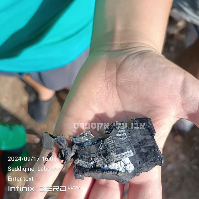 The remnants of what is believed to be a pager carried by a Lebanese militant that detonated earlier today