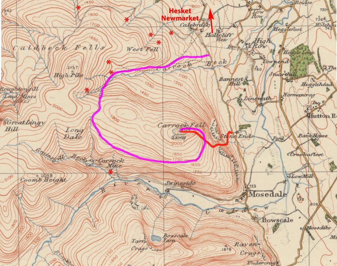 Ordnance Survey map from the 1960s, with my guess at their route