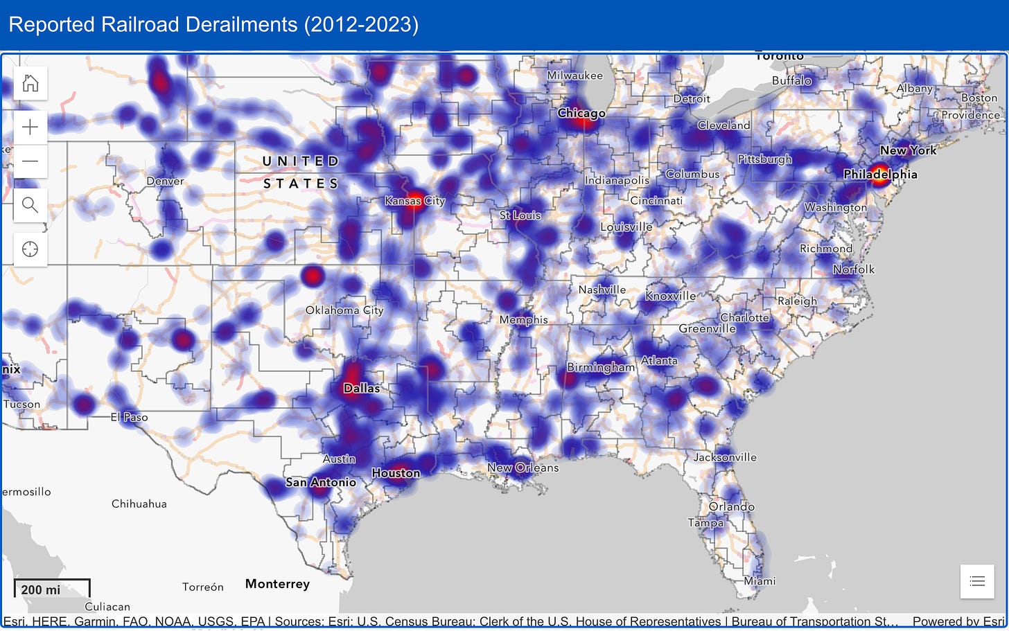 Map of Reported Railroad Derailments 2012-2023 (National League of Cities)
