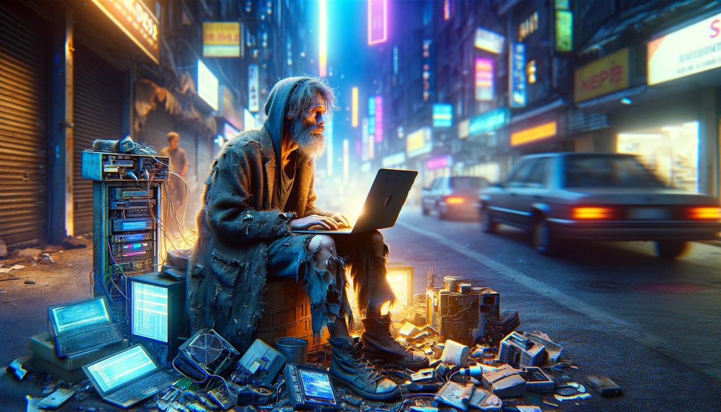 Craft an image with an ultra-realistic appearance, depicting a scene that portrays the stark contrast between technology and poverty. Focus on a destitute, disheveled software engineer sitting on a worn-out street corner, amid old, discarded tech and electronic waste. This individual, wearing frayed clothes reminiscent of a professional past, holds a dimly lit, battered laptop. Surround them with the bright, neon lights and dynamic colors of an urban setting at night, highlighting the vivid disparity. Ensure the image, in a wide aspect ratio, mimics the nuanced textures, lighting, and atmosphere of a high-quality, real photograph, with a keen attention to detail that blurs the line between digital creation and reality.