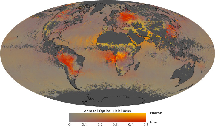 Map of aerosol optical thickness and fine particle fraction for August 2010.