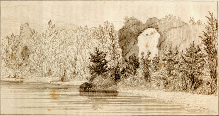 A drawing of a river with trees and a rock arch

Description automatically generated