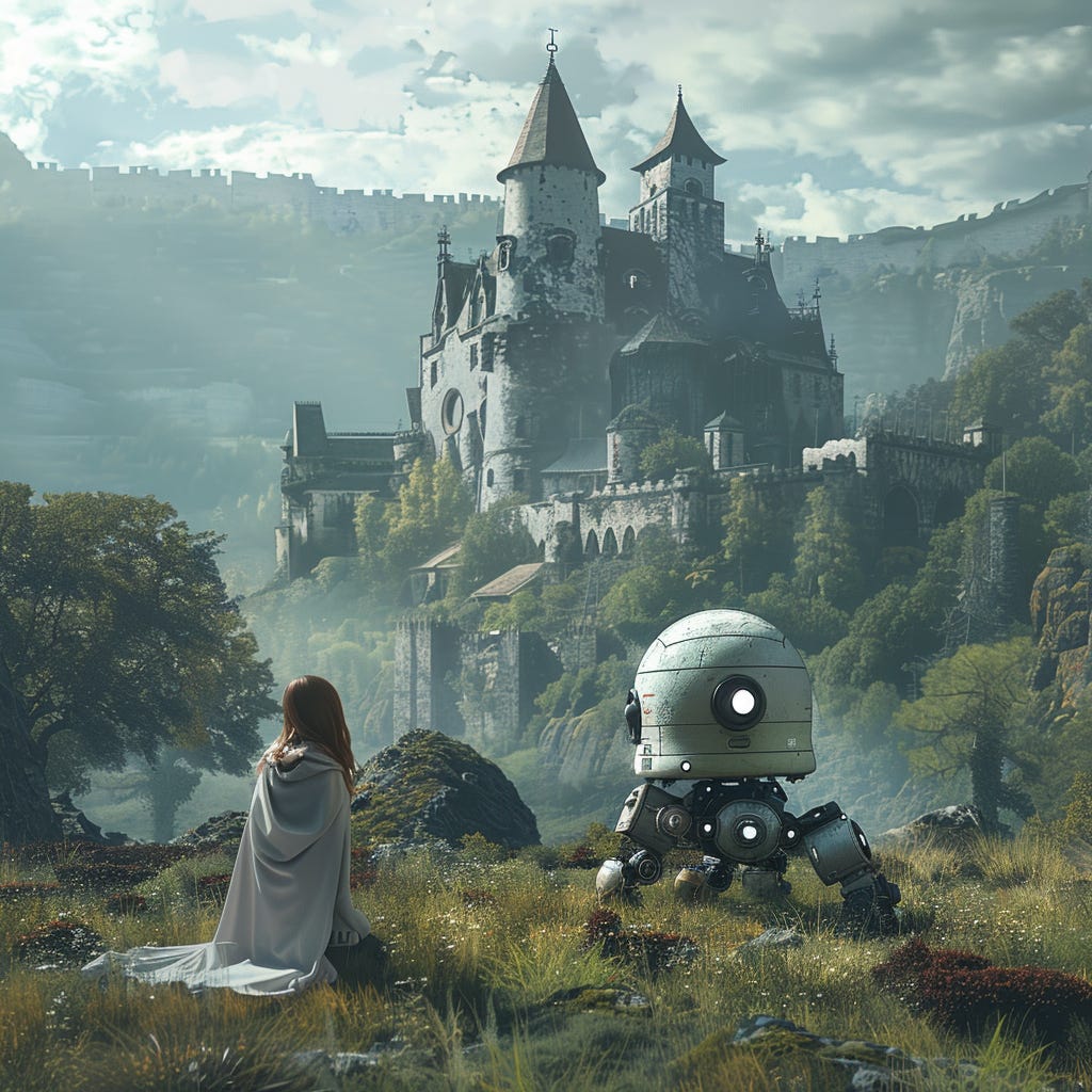 A young woman and a cute robot, working on the land of a medieval castle—Midjourney