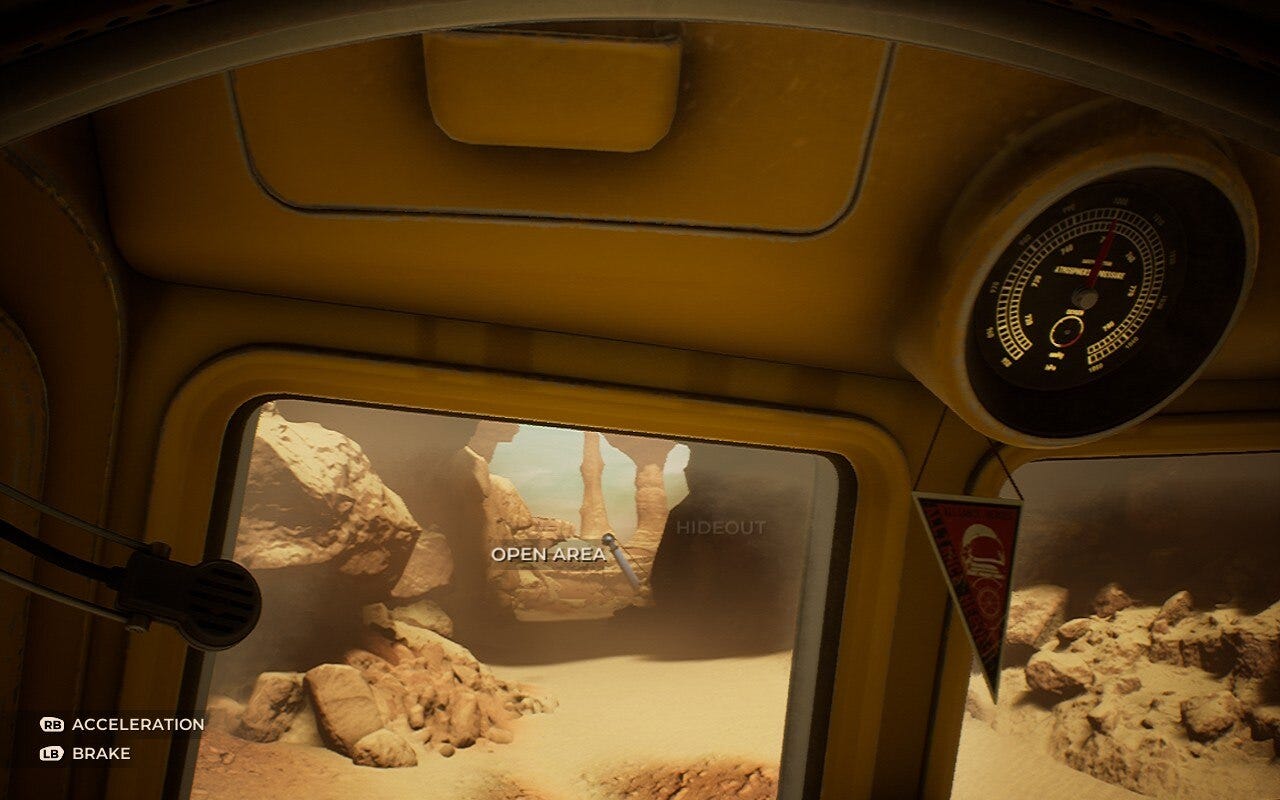 Looking out from small rover windows. Part of the view is labelled "OPEN AREA", another part "HIDEOUT"