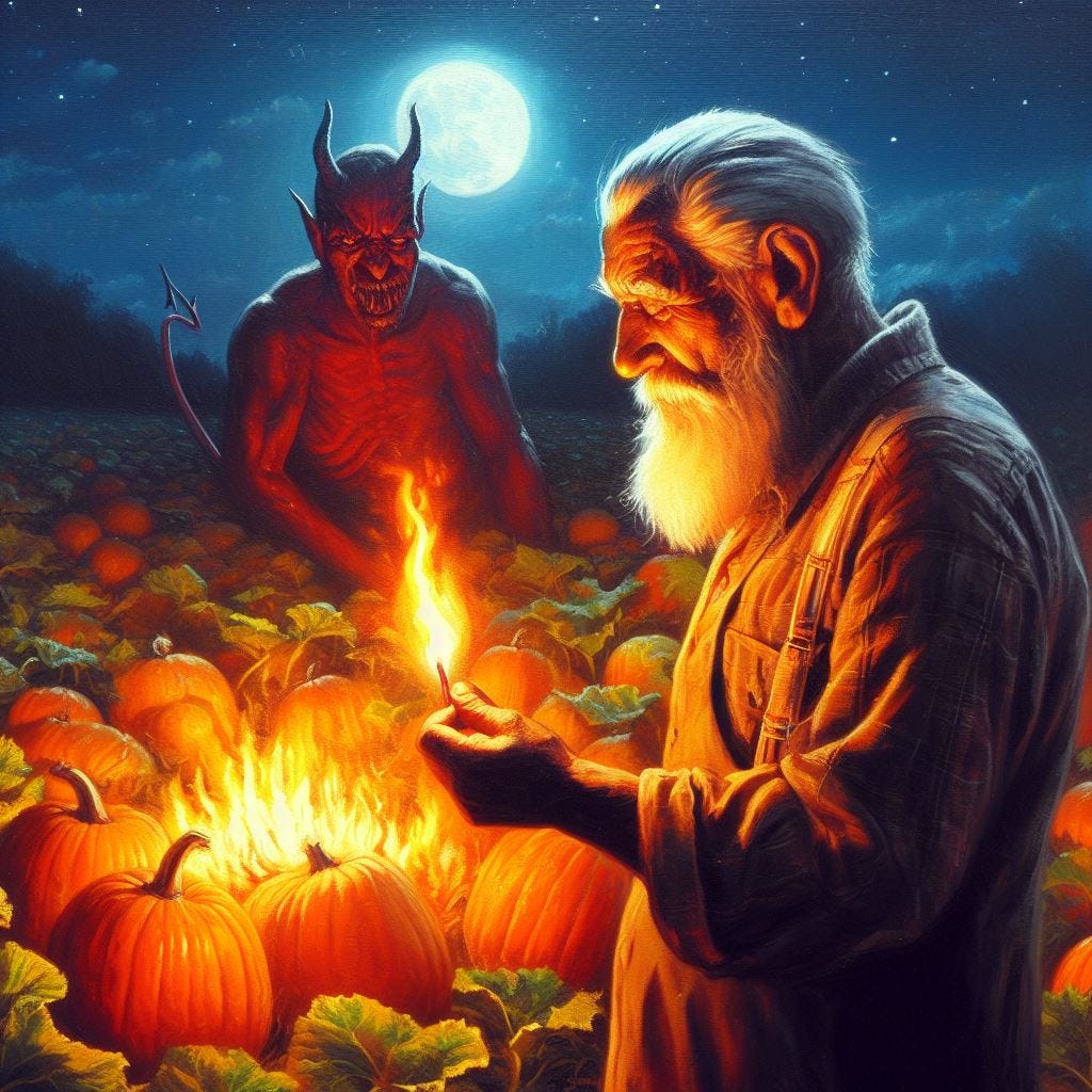 Image of an old man holding a match trying to light a pumpkin patch on fire with the devil in the background and a full moon.
