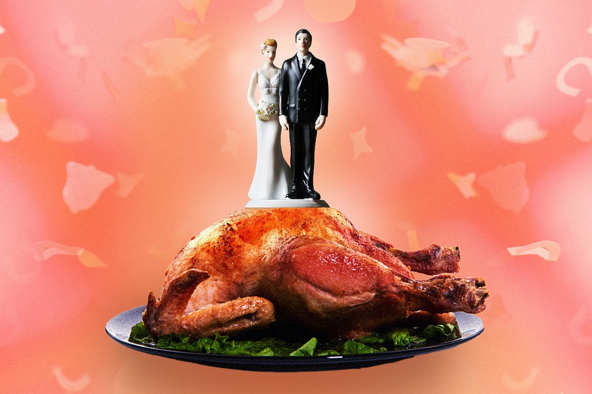 A wedding cake topper above a roast chicken