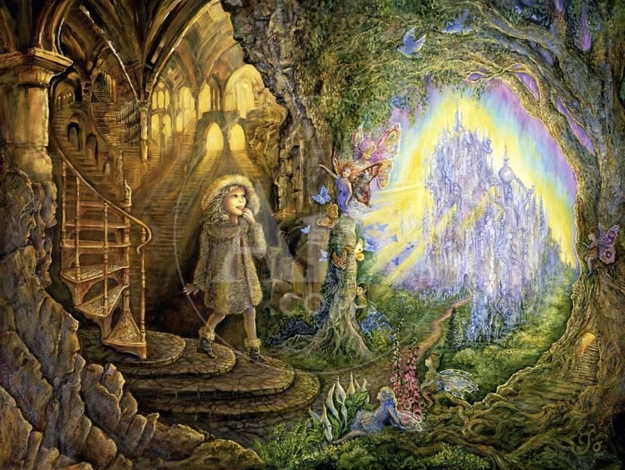 Painting of a girl walking down a spiral staircase and entering what looks like a gateway to a magical garden that radiates light.