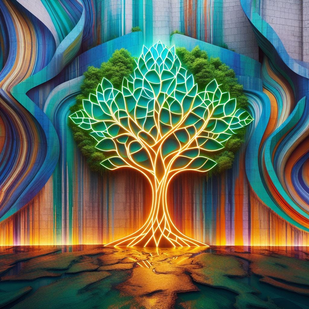 Hyper-realistic; tilt shift; mother earth tree with merging Quatrefoil on wall: mother earth tree with white Gothic Tracery: Guggenheim Museum Bilbao. neon airbrush:blacklight close up wall of elytral coloration, stripes and bands. neon blue, neon cream, neon yellow, orange and yellow to amber. The background is layers of resin and green moss.  