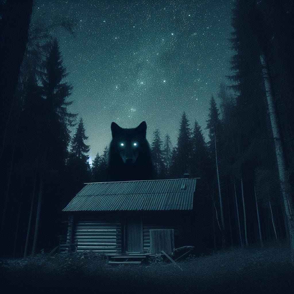 a black giant volf behind a house inthe forest, 10 core principles of any fear