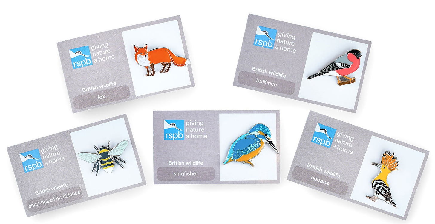 A selection of small, colourful pin badges produced by the RSPB including a kingfisher, fox, bee, hoopoe and bullfinch