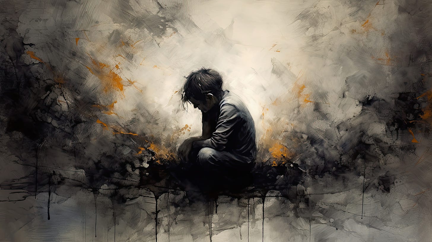 Illustration of a child sitting on the ground surrounded by a cloud of darkness.