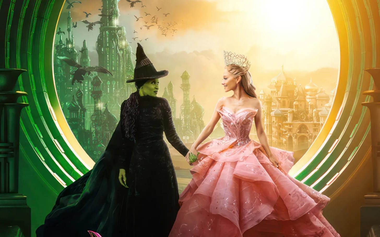 Elphaba and Glinda holding hands.