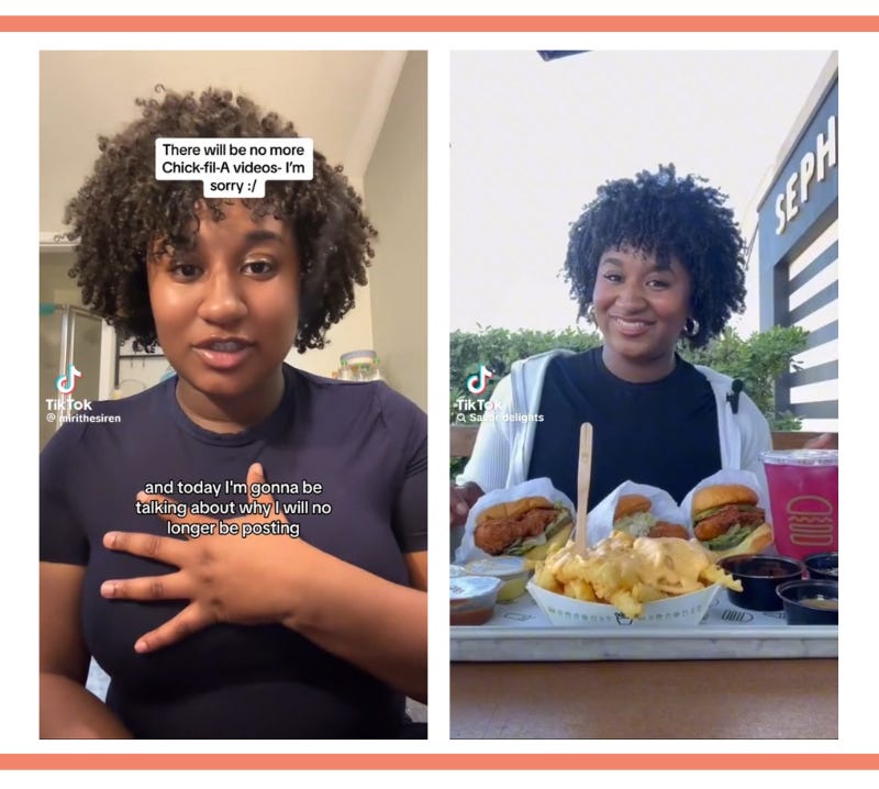 Screenshot of two TikTok videos from Miri the Siren. On the left, text on screen reads: There will be no more Chik-fil-A videos - I'm sorry. And today I'm gonna be talking about why I will no longer be posting. On the right is an image of Miri sitting at a table eating Shake Shack.