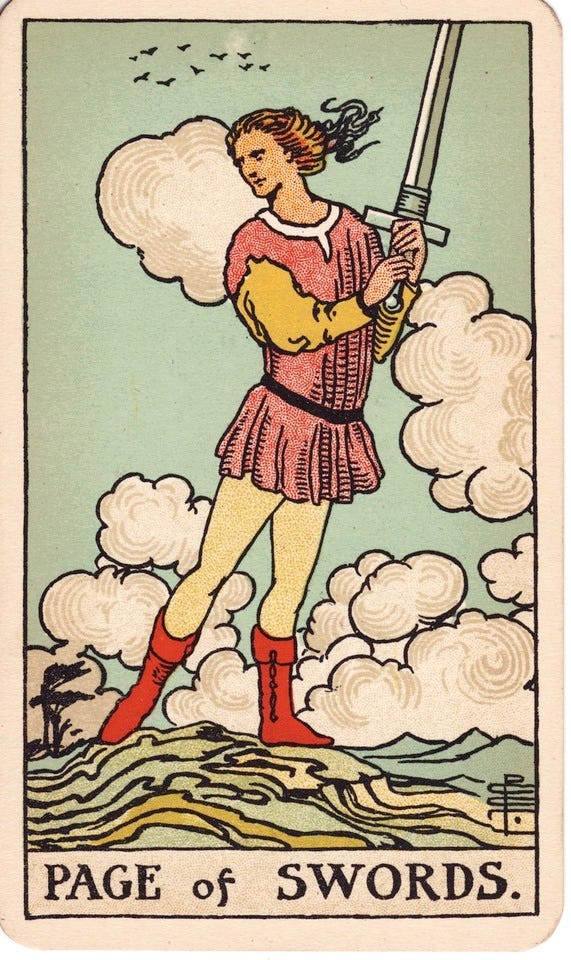 Page of Swords from the Pixie Smith deck. A young princeling holds a sword delicately and looks away from it, his eyes aligned with cloud'