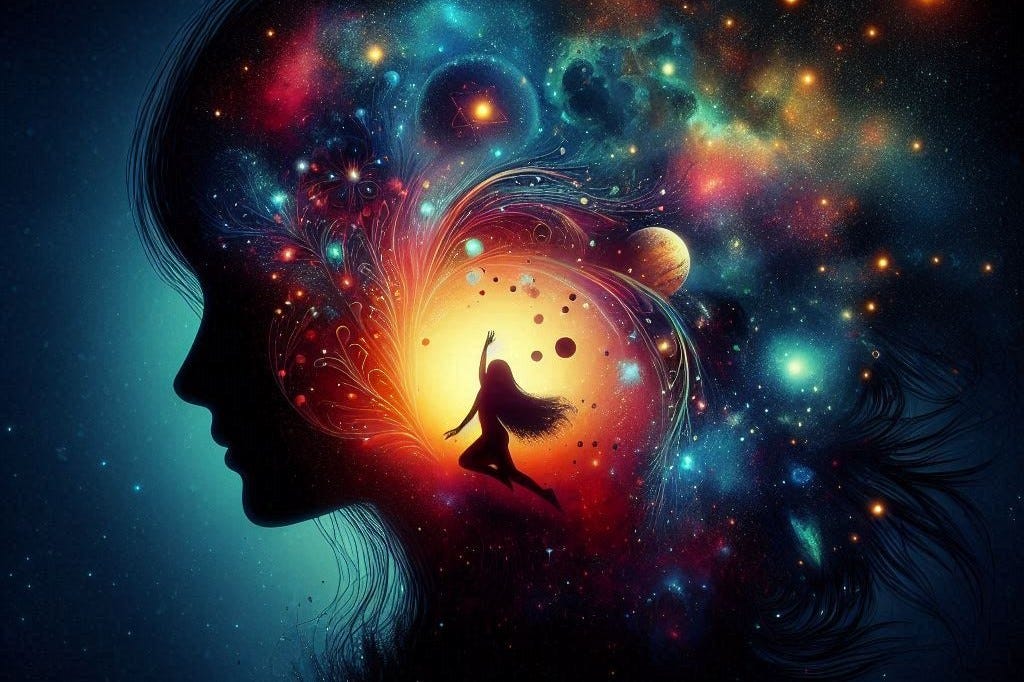 Silhoutte of a woman with cosmos and a dancing girl inside her mind