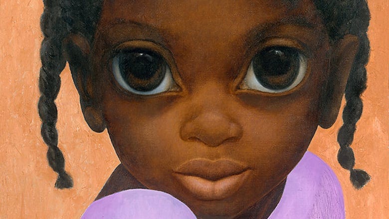 Close-up of a young Black girl with large Margaret Keane-style eyes and braided pigtails, wearing a lavender top against a warm orange background. Close-up of a young Black girl with large Margaret Keane-style eyes and braided pigtails, wearing a lavender top against a warm orange background.