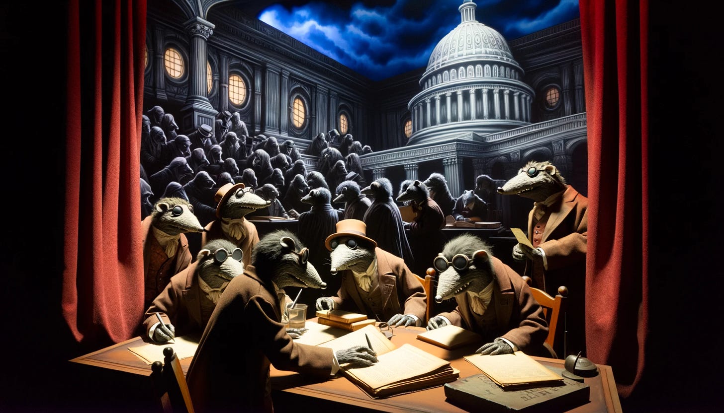 A scene combining elements of horror comics and American Congress, featuring anthropomorphized moles dressed in traditional congressional attire, engaged in writing laws in a Congress-like setting. The setting is stylized with eerie, suspenseful atmosphere typical of horror comics, including dramatic lighting and gothic architectural elements. The moles are shown debating or discussing bills intensely, with papers and law books scattered around, capturing the essence of horror and legislative process.