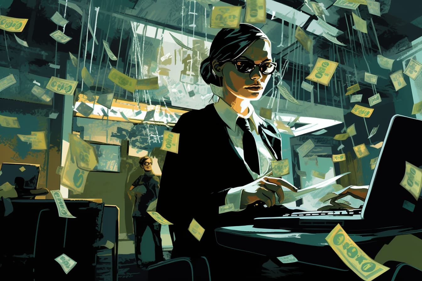 graphic novel illustration of a woman working at a laptop surrounded by money flying through the air